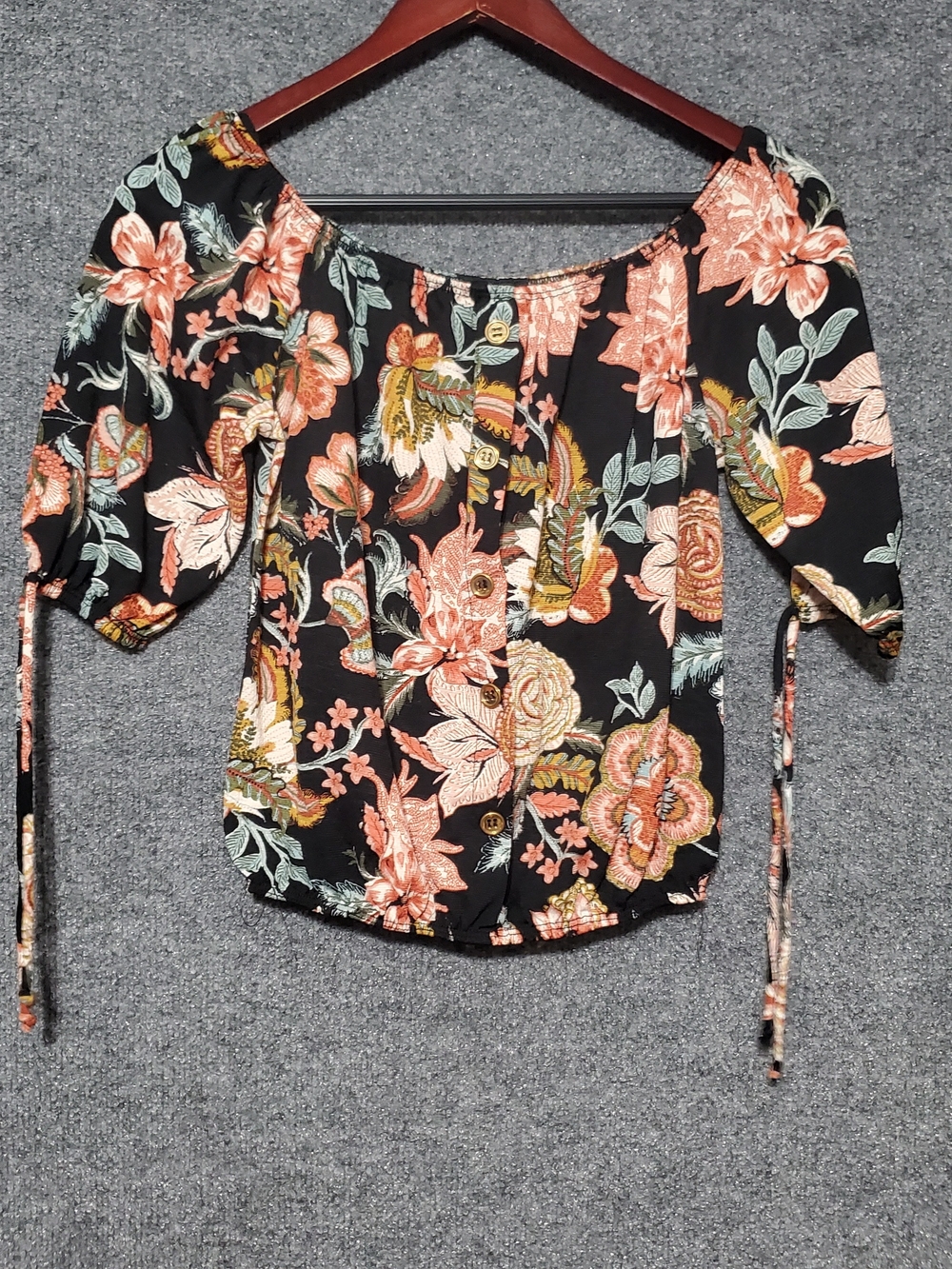 NY Invasion Womens Y2K Micro Floral Babydoll Top M Black Hawaiian Preppy Dainty